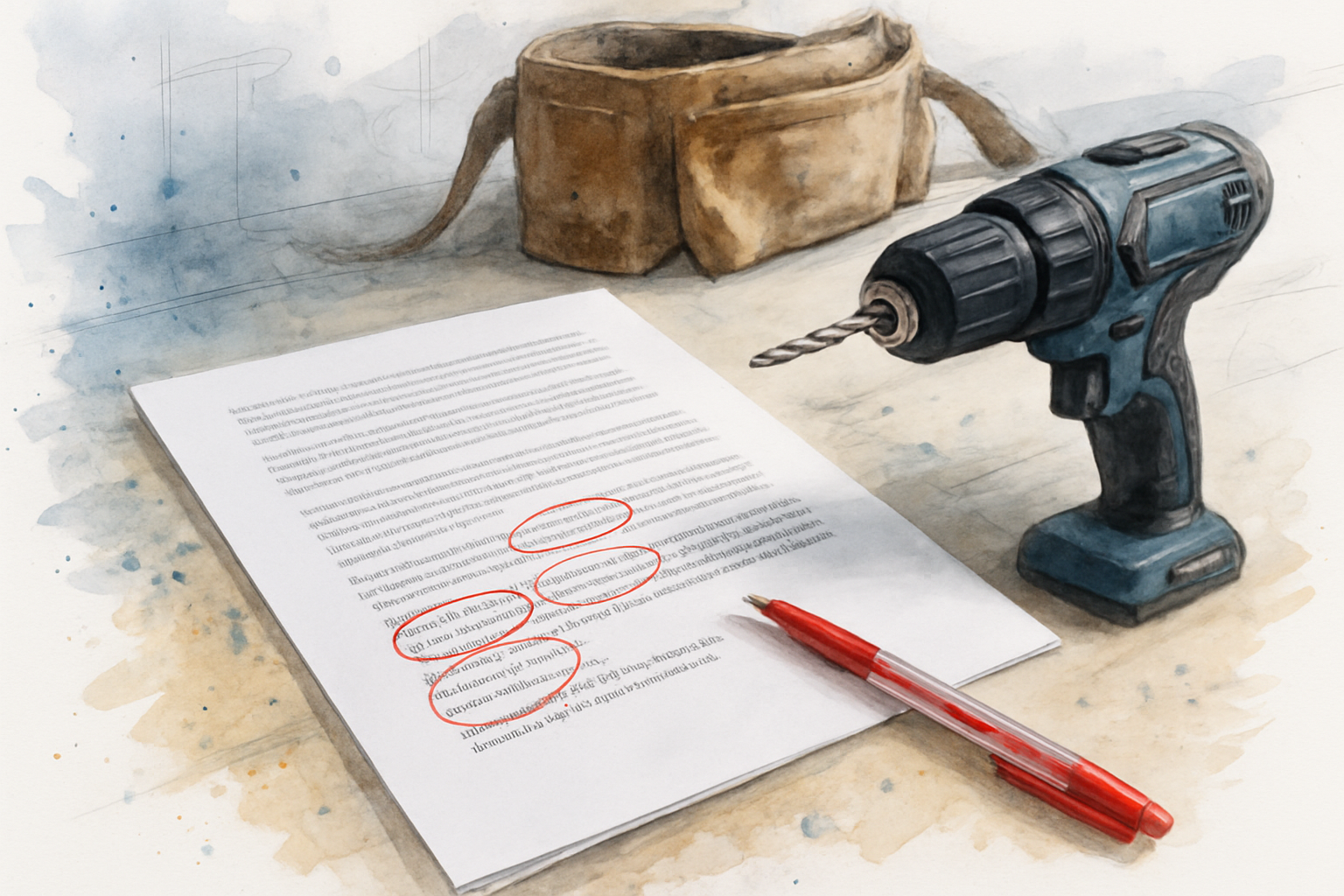 Printed contractor blog article on a workbench with red pen markings circling repetitive generic phrases