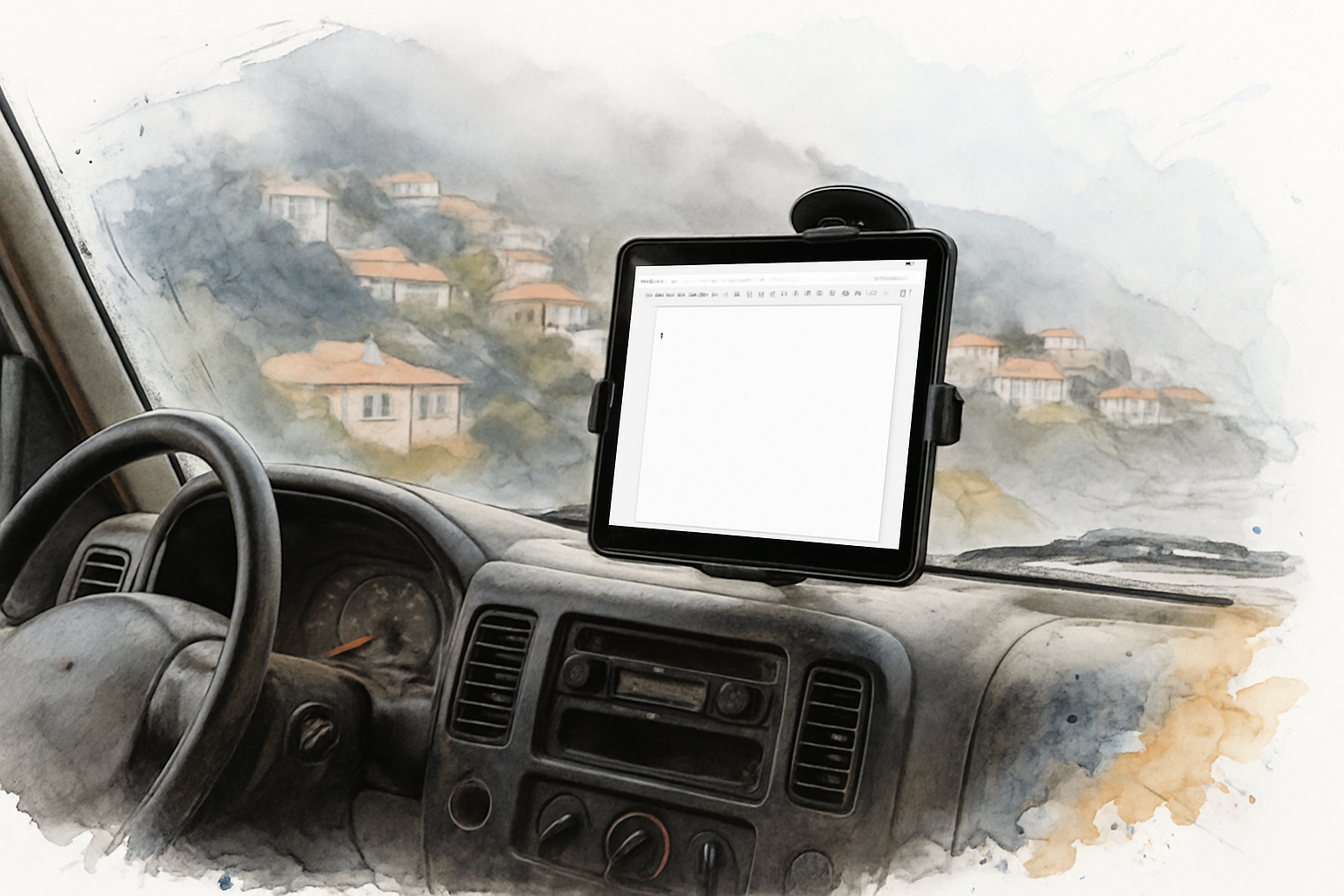 Contractor's truck dashboard with tablet showing a blank content editor, parked near coastal California homes in morning fog.