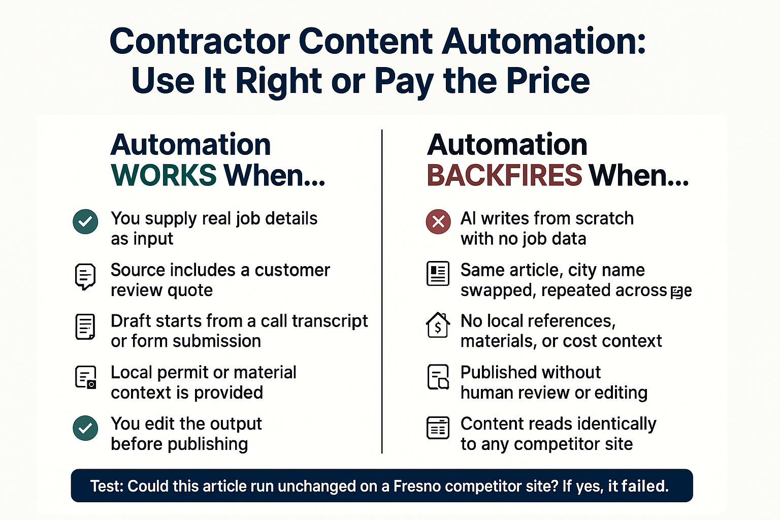 Infographic comparing when contractor content automation works versus when it backfires, with a Fresno competitor test at the bottom.