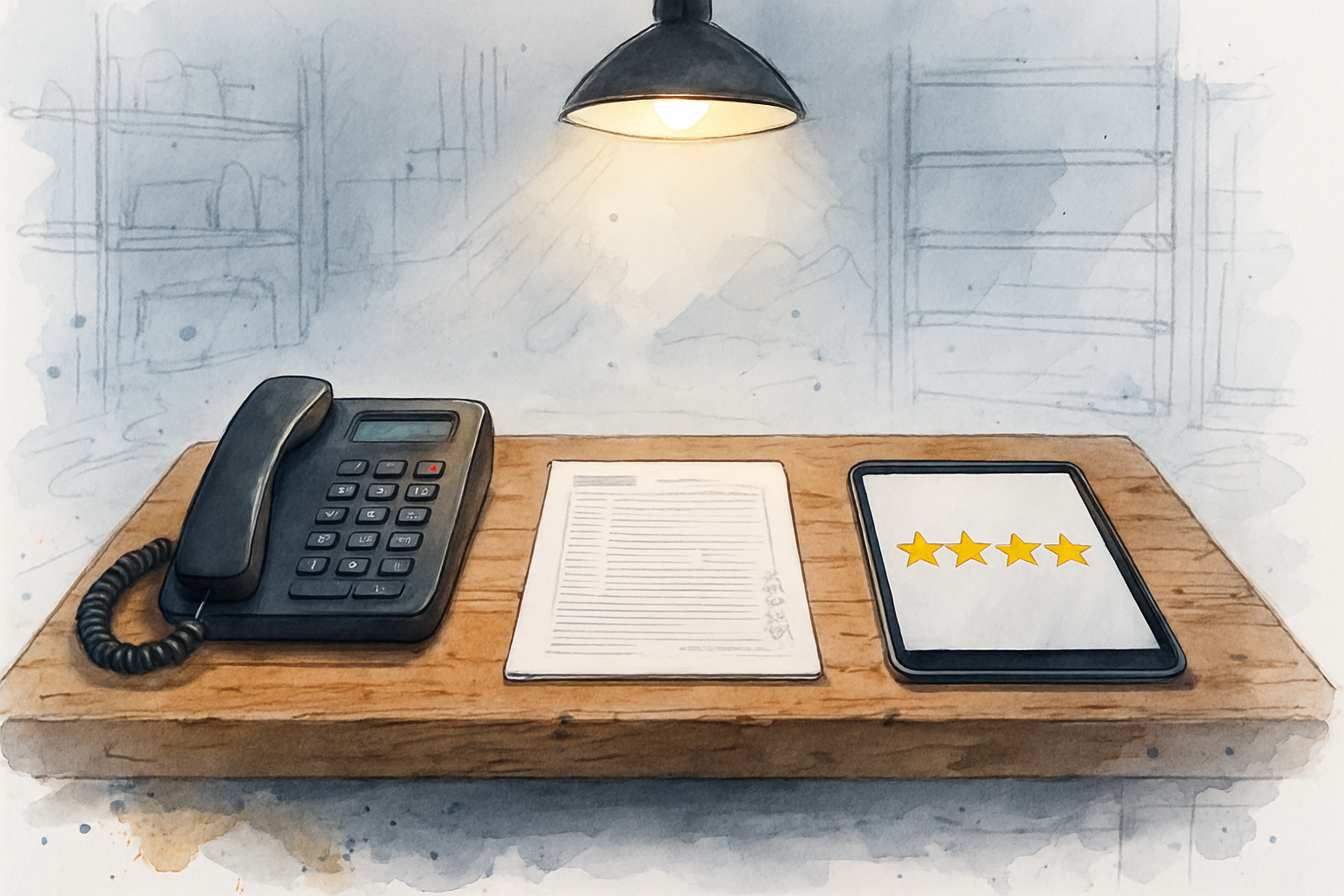Phone, printed form, and review display on a workbench representing first party data sources for contractor marketing