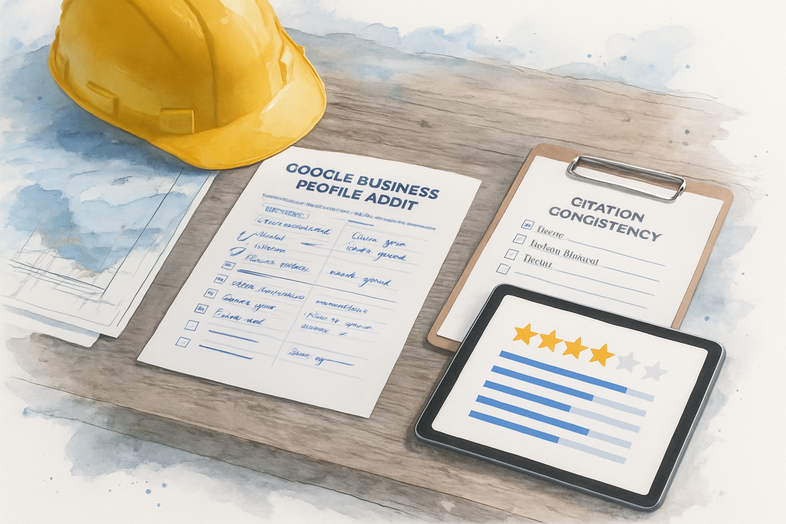 Contractor desk with GBP audit sheet, citation checklist, and star-rating chart representing AI-powered signals