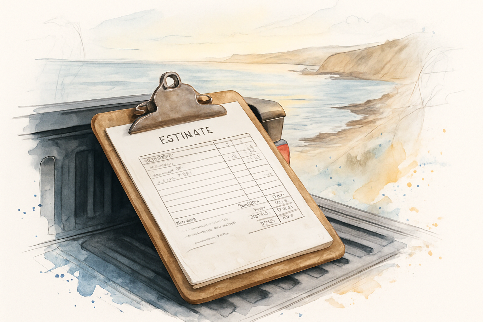 Contractor estimate clipboard on a truck tailgate with the Monterey Bay coastline in the background