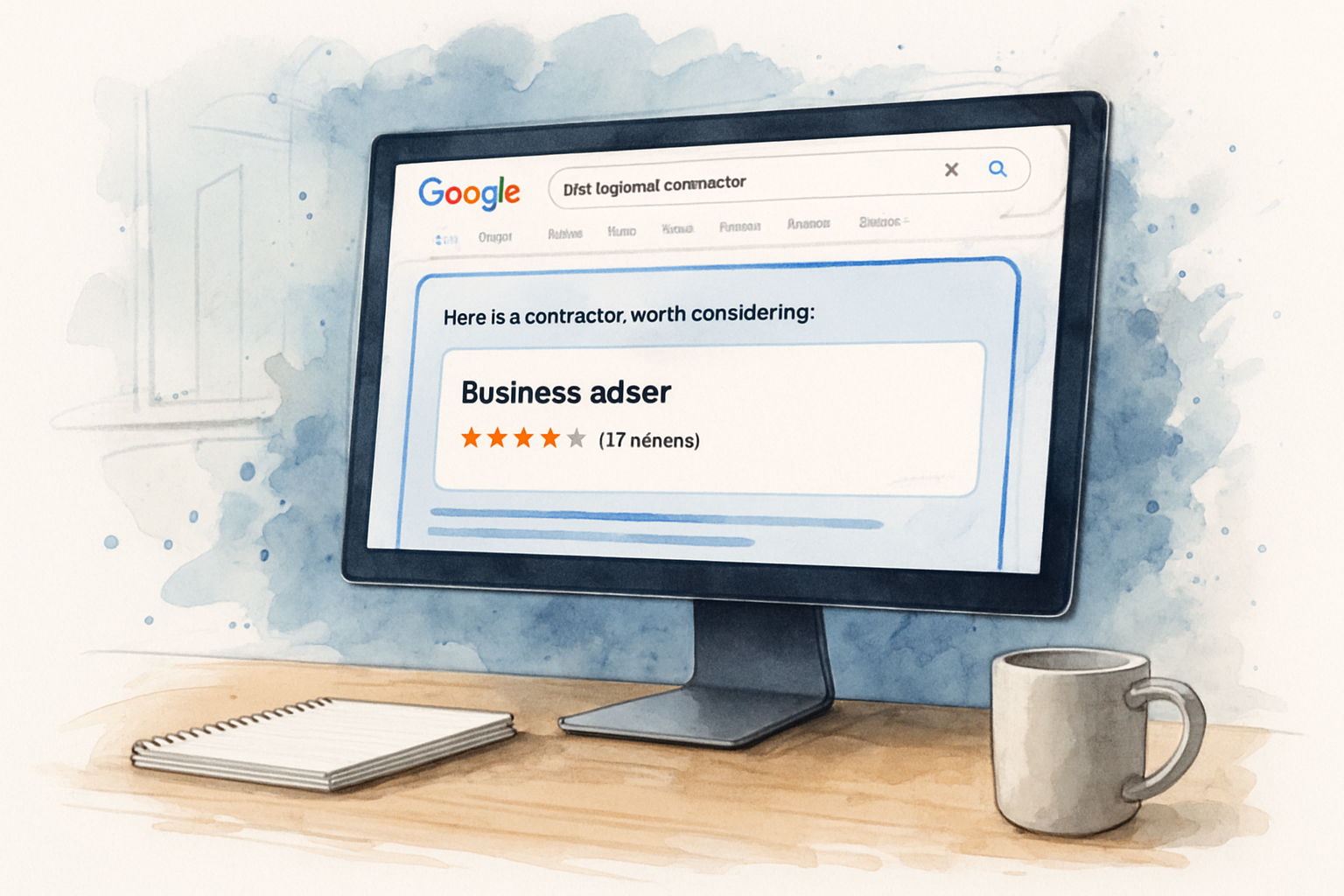 Desktop monitor showing a Google AI Overview panel with a contractor listing highlighted above traditional search results