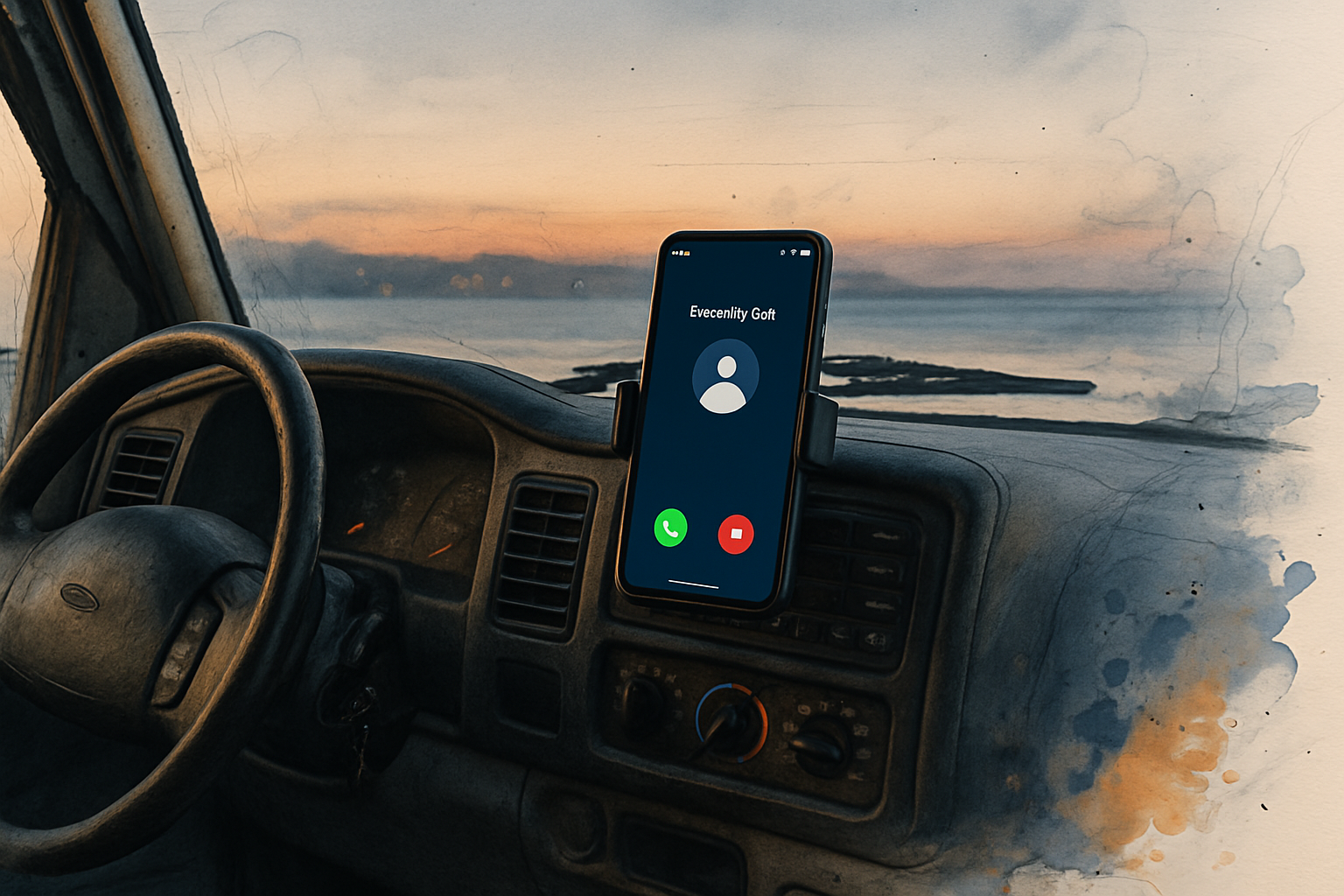 Contractor truck dashboard at dusk with a smartphone showing an active call notification and Monterey Bay in the background.