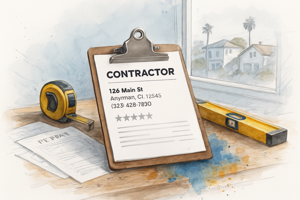Contractor business listing on a clipboard on a workbench with tools, coastal neighborhood visible through window
