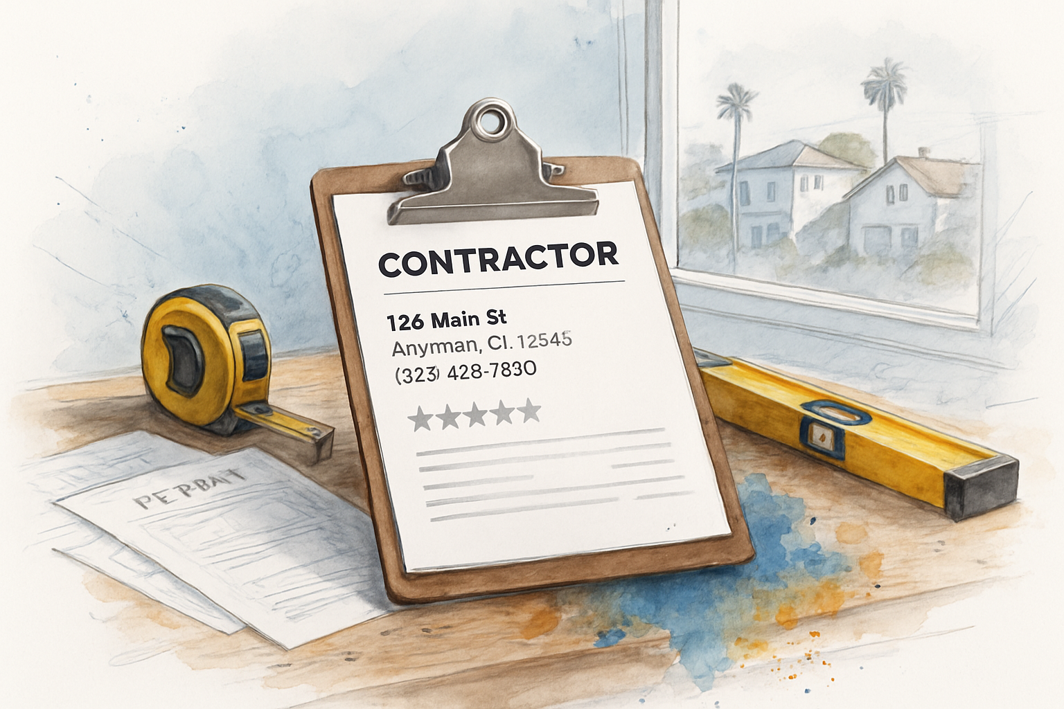Contractor business listing on a clipboard on a workbench with tools, coastal neighborhood visible through window