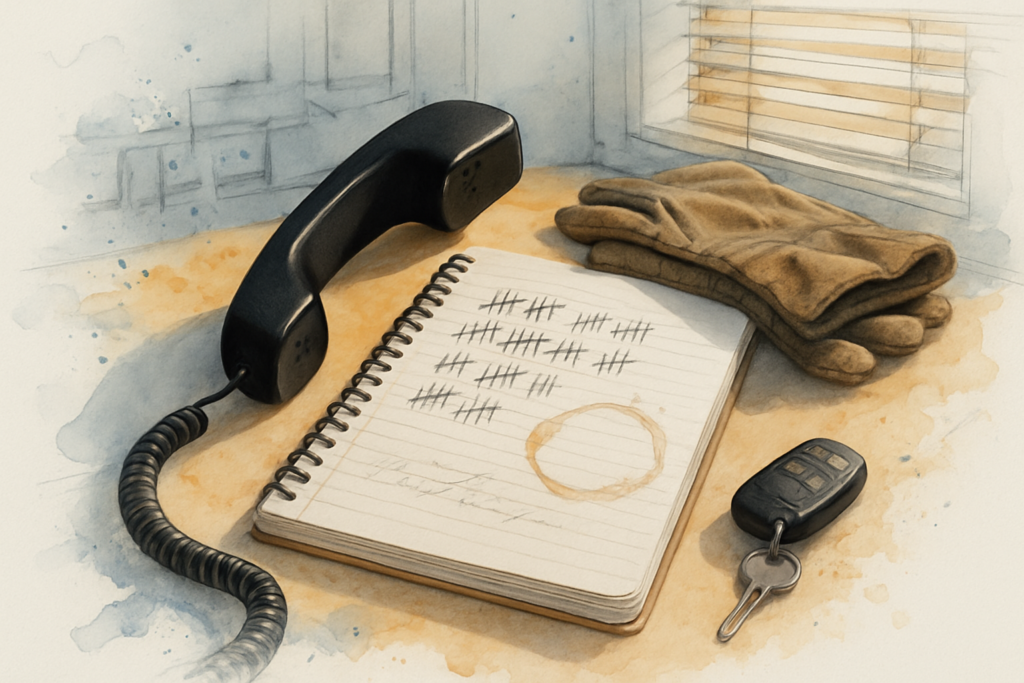 Contractor desk with a desk phone off the hook and a notebook of handwritten call notes and tally marks