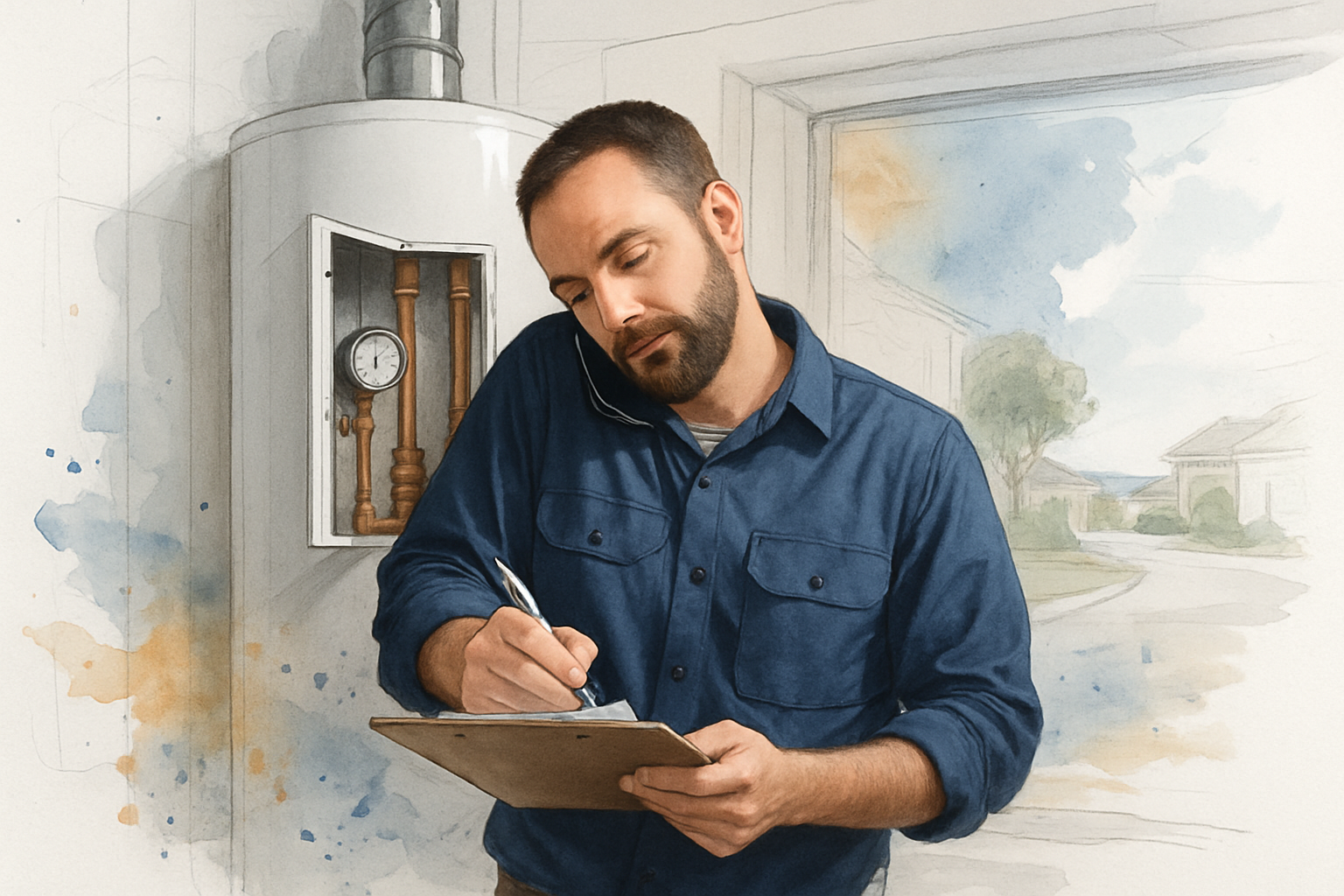 Plumber on a phone call in a garage taking notes on a clipboard beside an open water heater