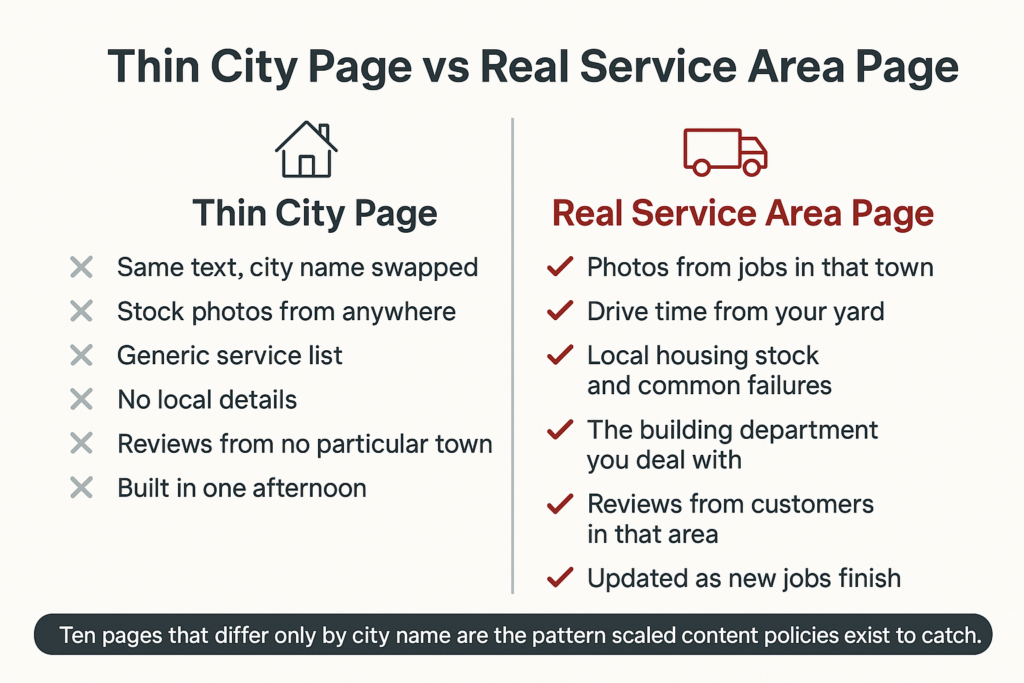 Infographic comparing a thin copied city page to a real service area page for contractors