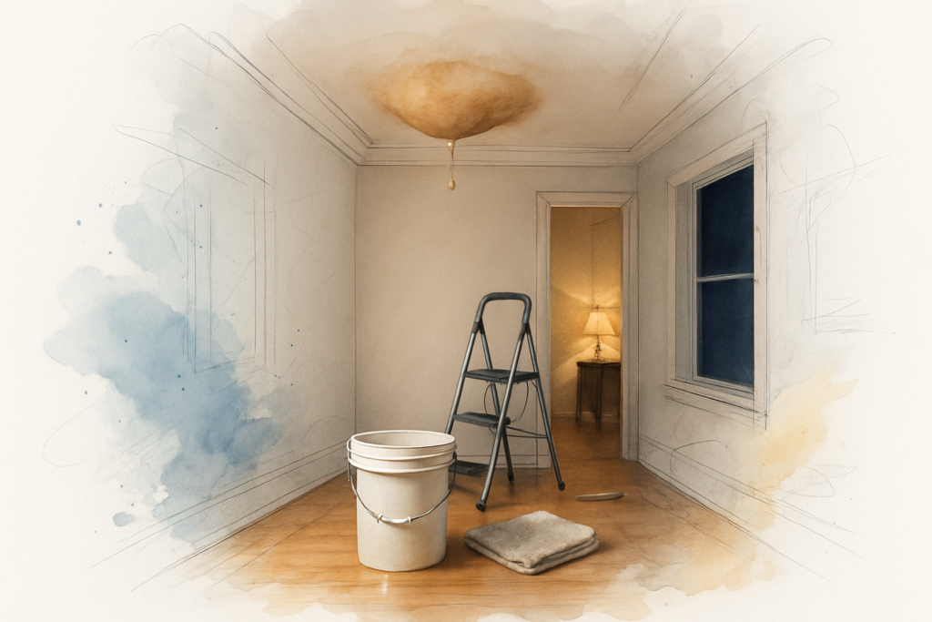 Water stain bulging through a hallway ceiling with drips falling into a bucket on hardwood floor at night
