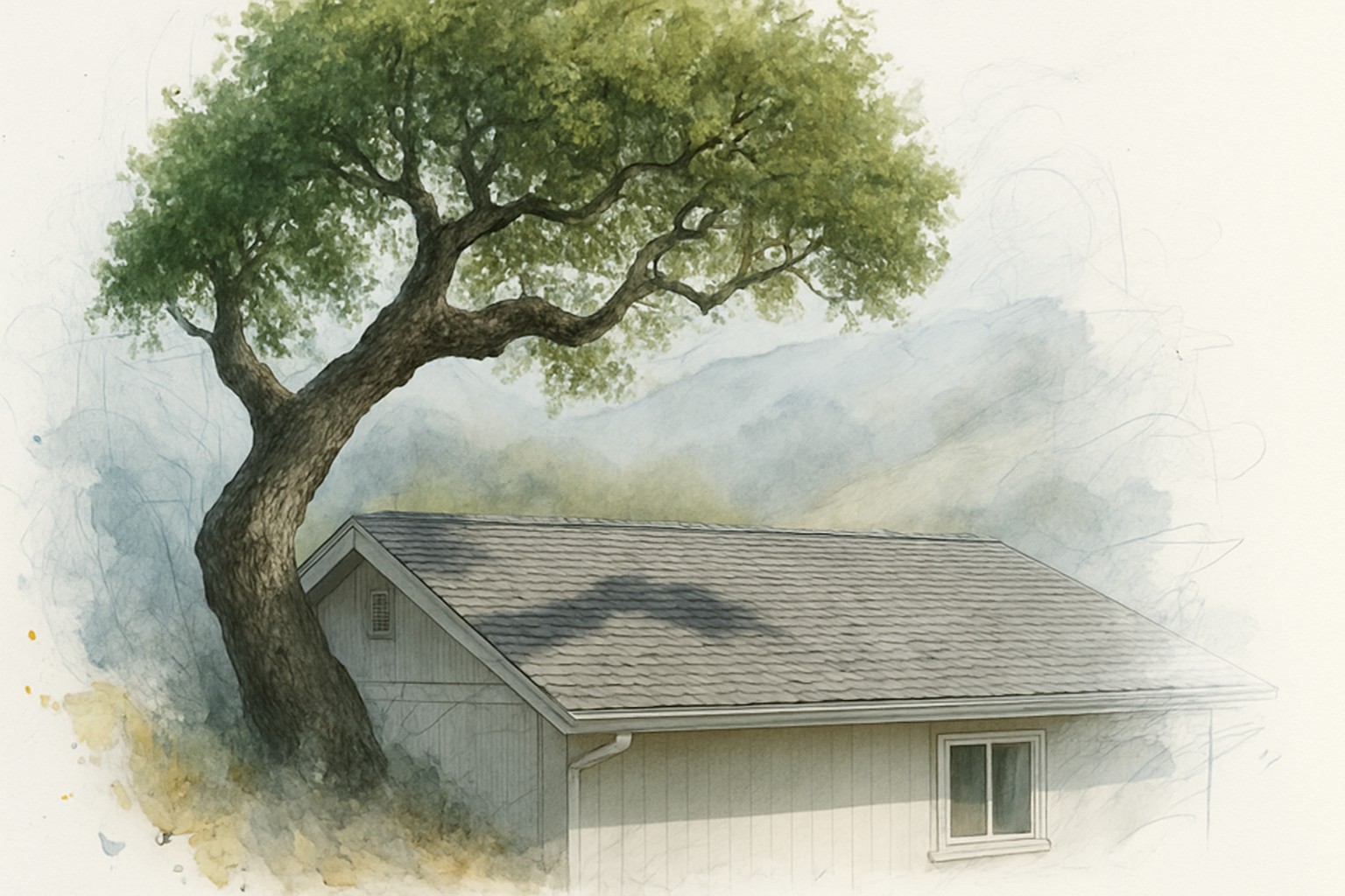 Heavy oak limb hanging directly over a home's shingle roof in coastal fog