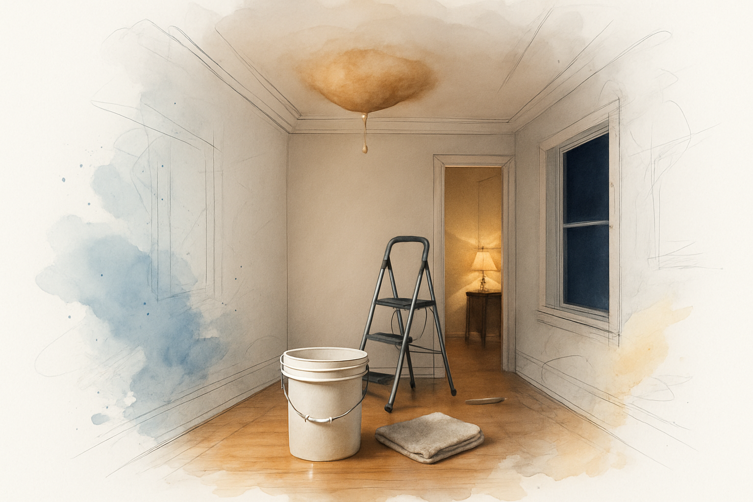 Water stain bulging through a hallway ceiling with drips falling into a bucket on hardwood floor at night