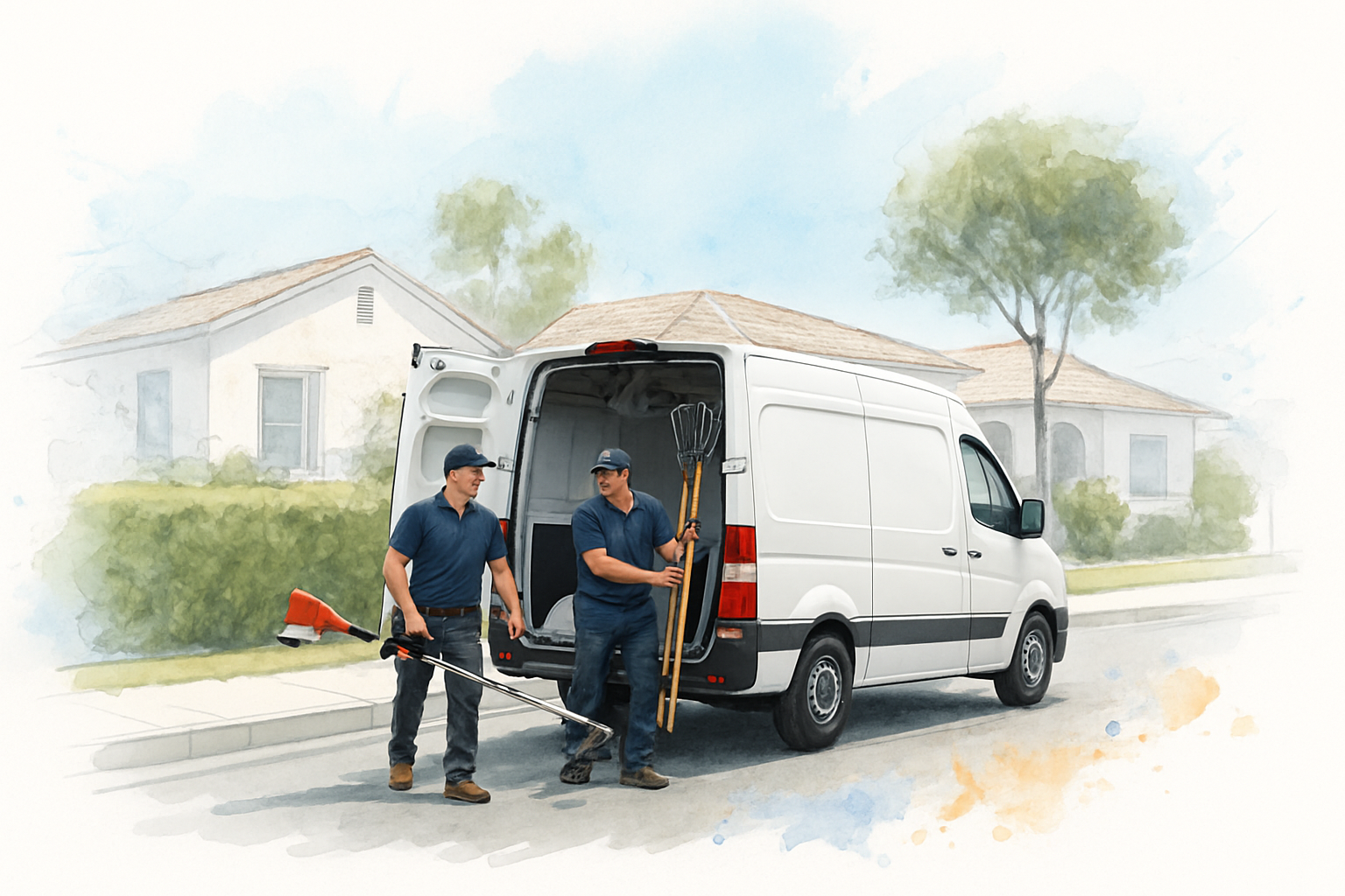 Landscaping crew unloading tools from a work van on a residential street in a coastal California town