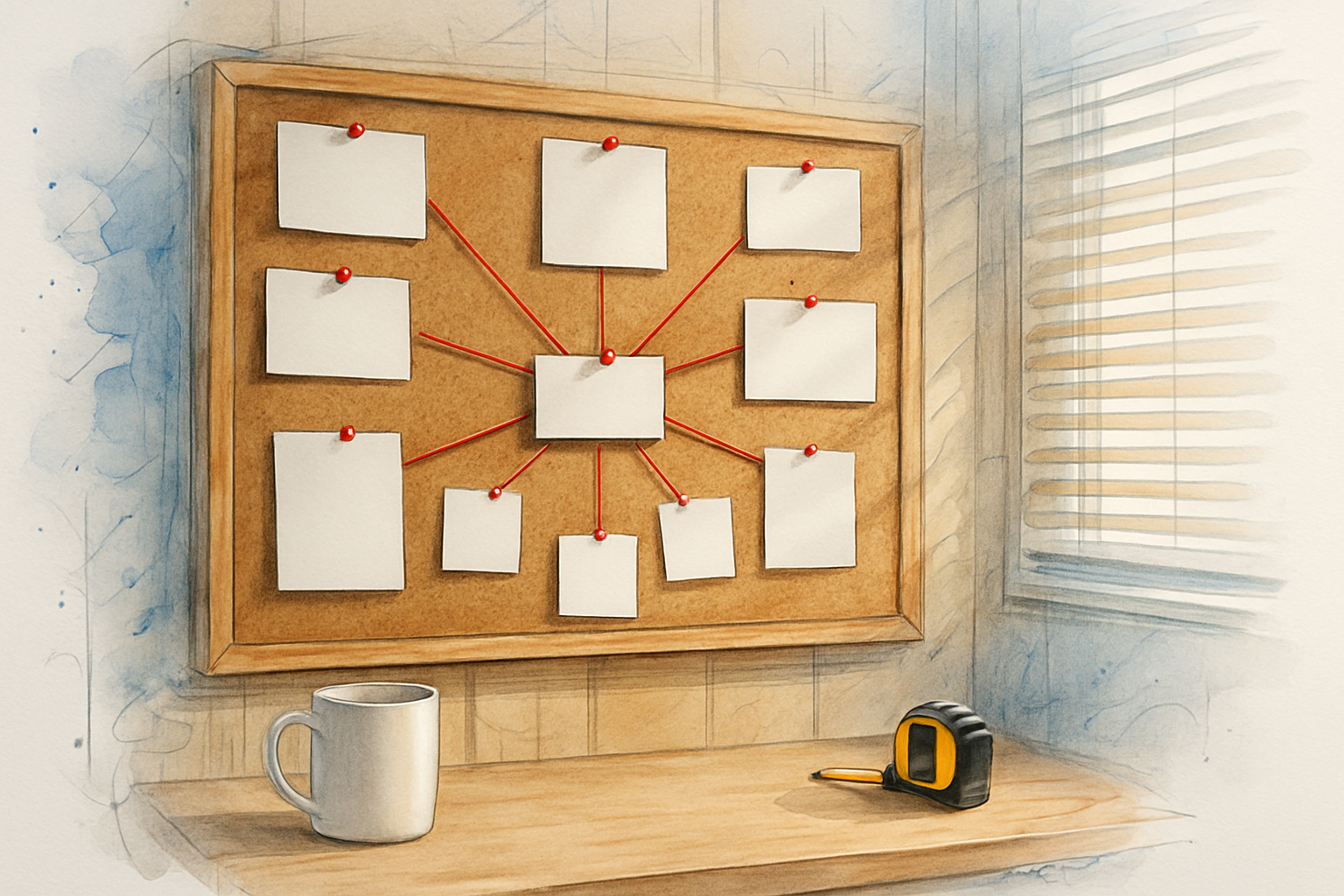 Corkboard with blank pinned cards connected by red string to one central card, showing a multi-source citation pattern