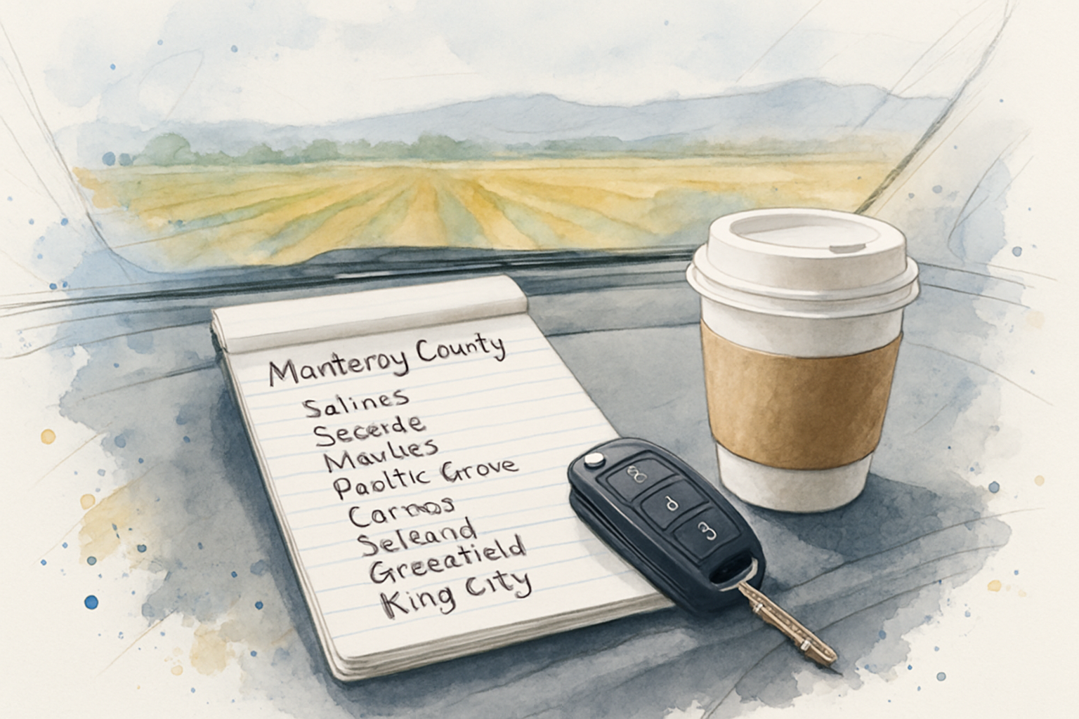 Handwritten list of Central Coast town names on a notepad resting on a truck dashboard
