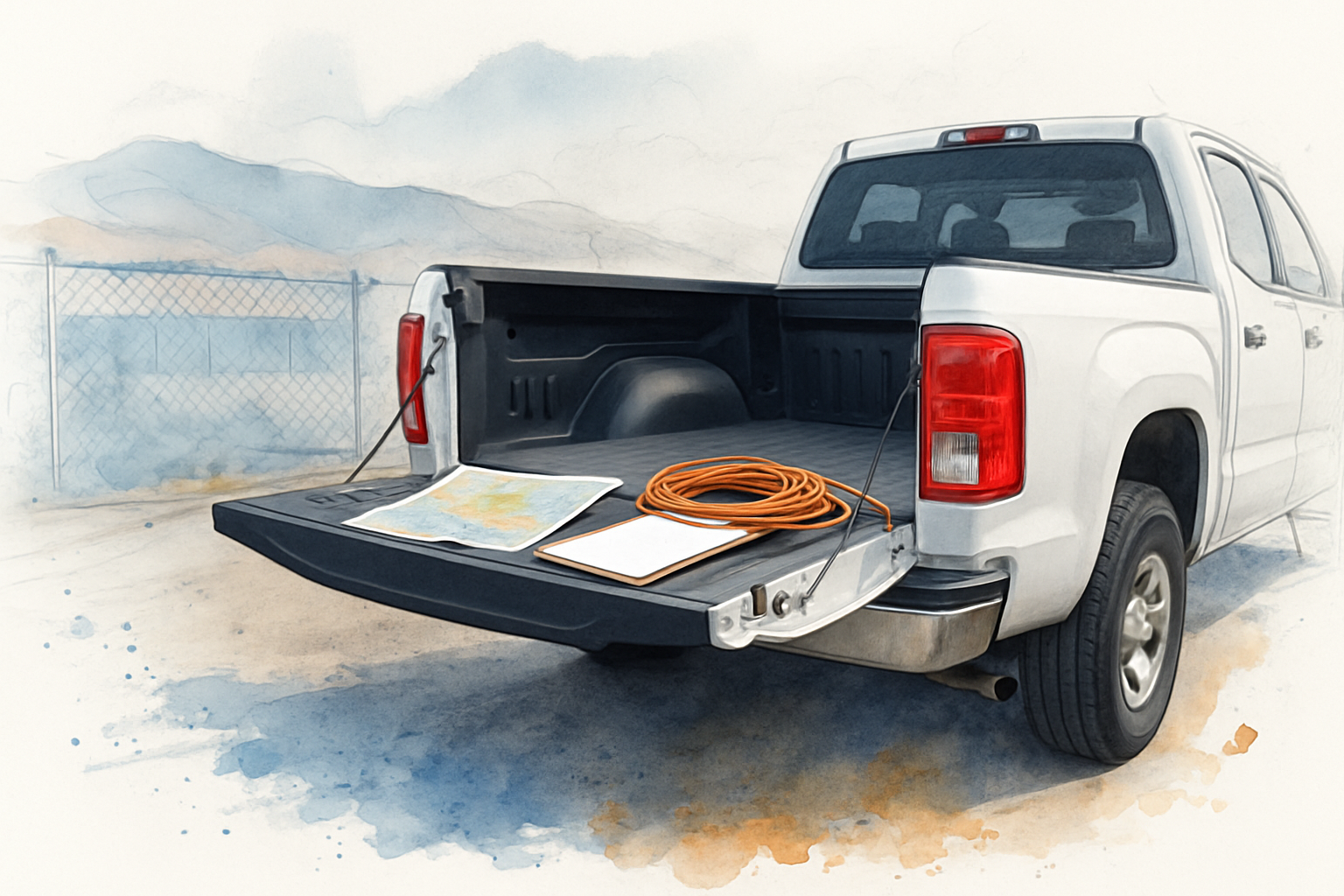 Contractor work truck in a gravel shop yard with a county map on the open tailgate