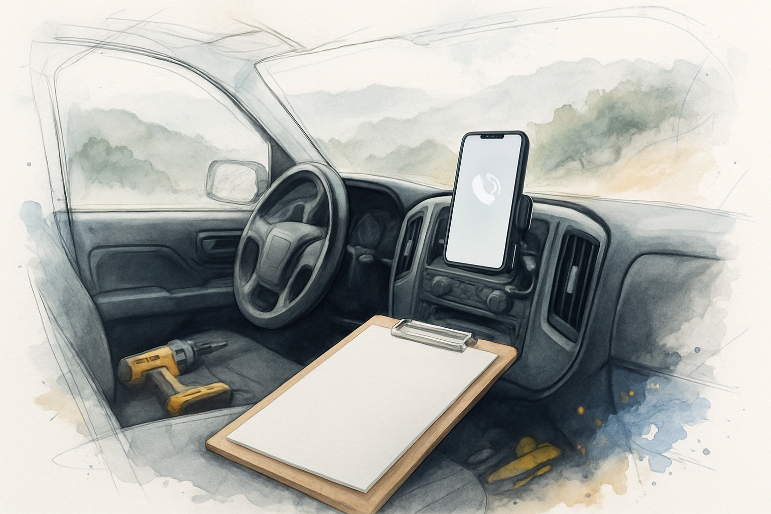 Phone ringing on a contractor's truck dashboard with a clipboard on the seat beside it
