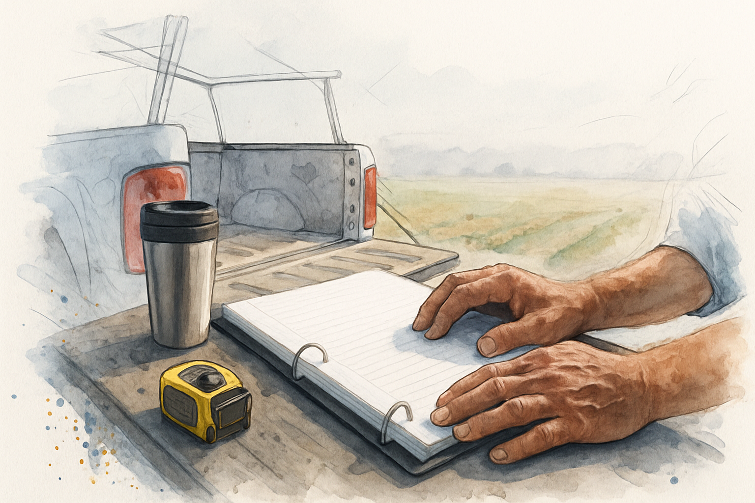 Contractor reviewing a blank binder on a truck tailgate while evaluating a marketing agency