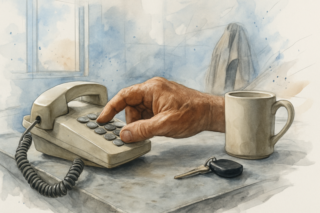 Contractor pressing keys on a corded desk phone in a small shop office, the field that breaks most in listings