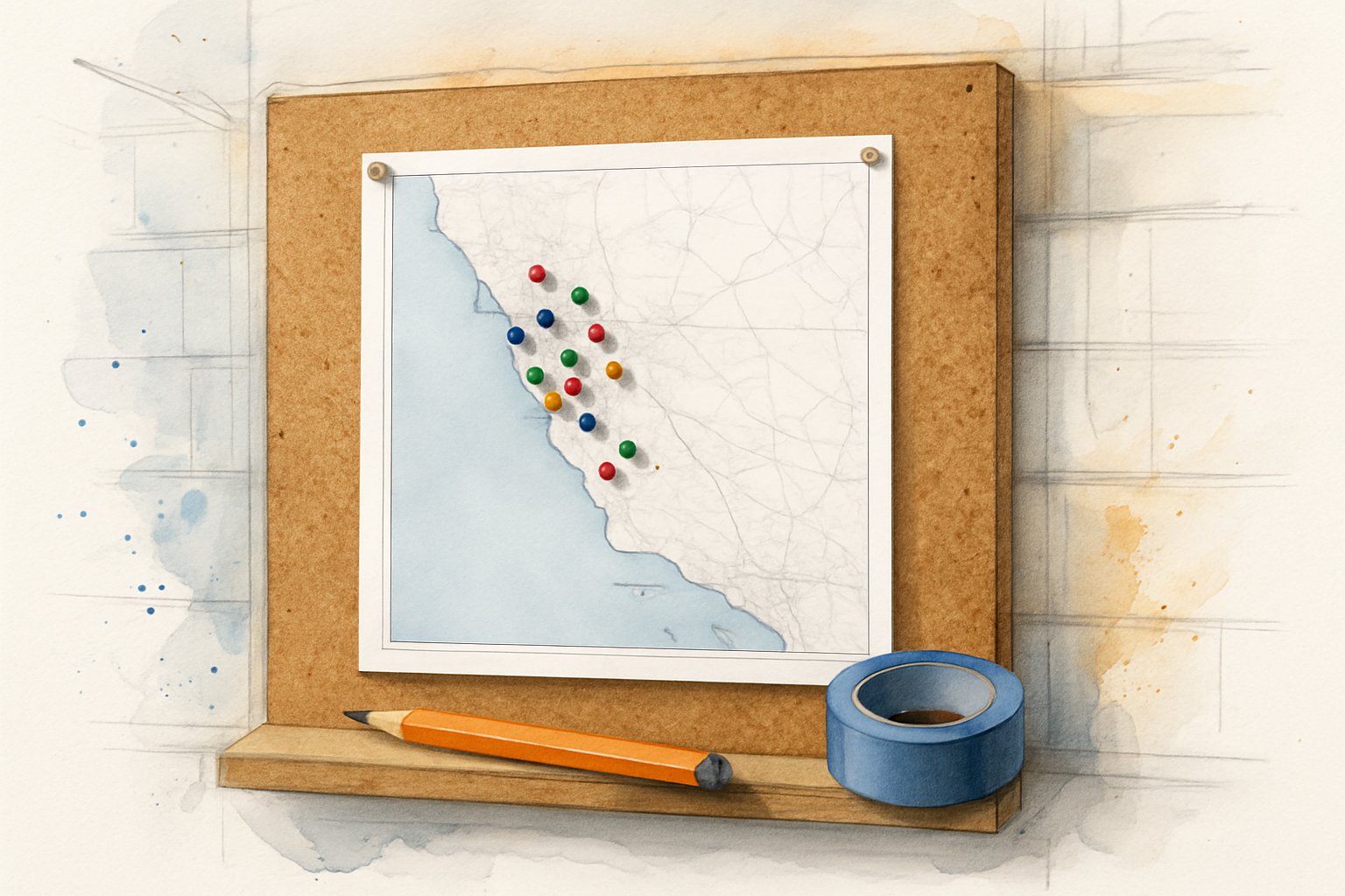 Corkboard map of a coastal county marked with colored push pins representing scattered business listings