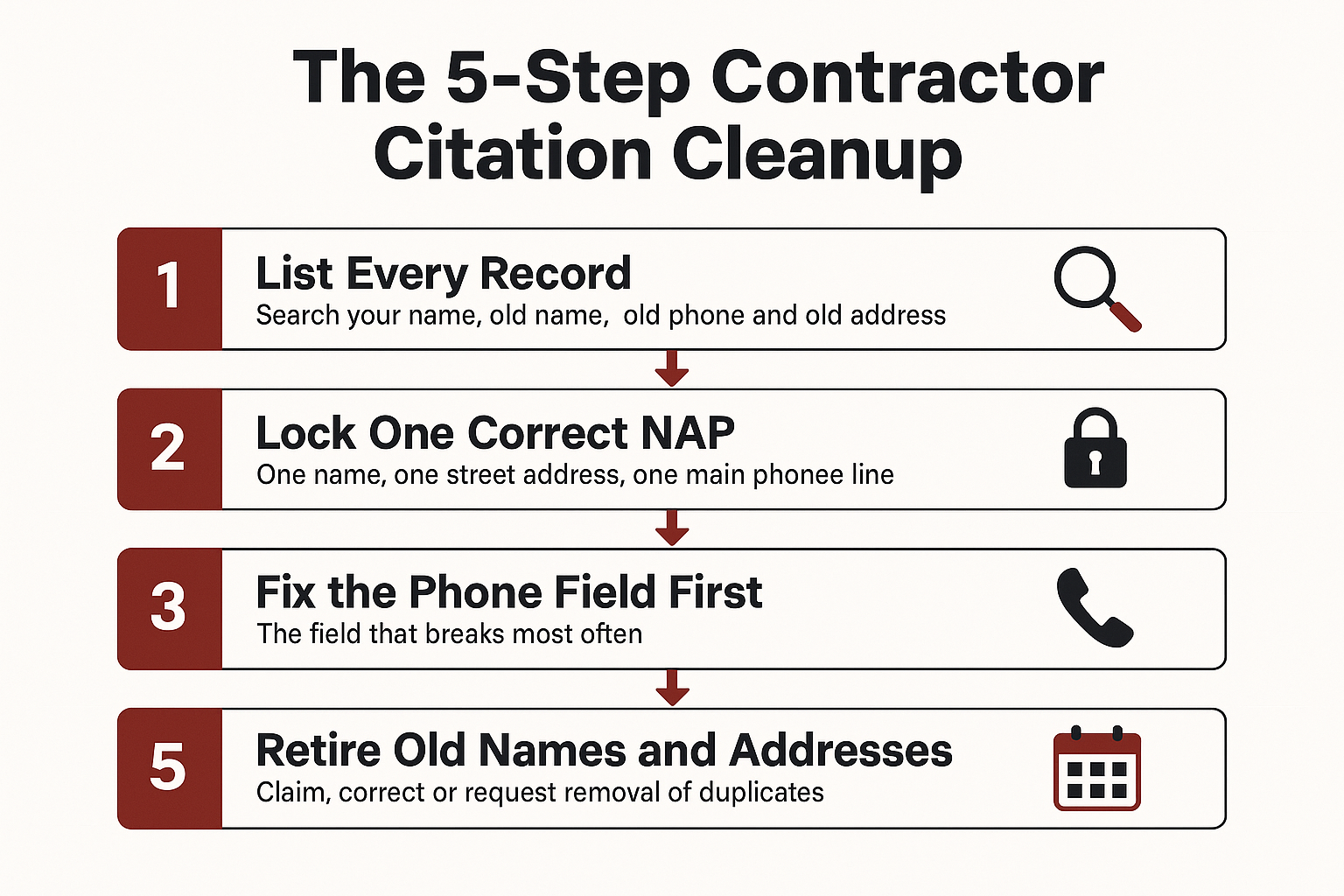Infographic showing the five-step citation and NAP consistency cleanup process for contractors