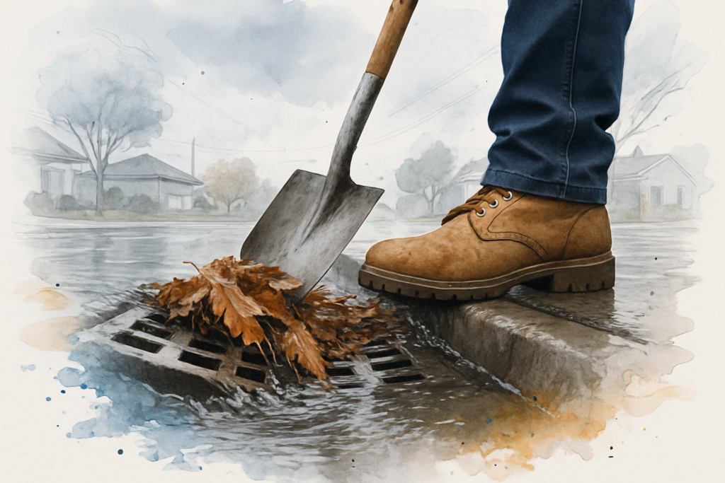 Clogged storm drain grate overflowing in heavy rain as a contractor clears leaves with a shovel