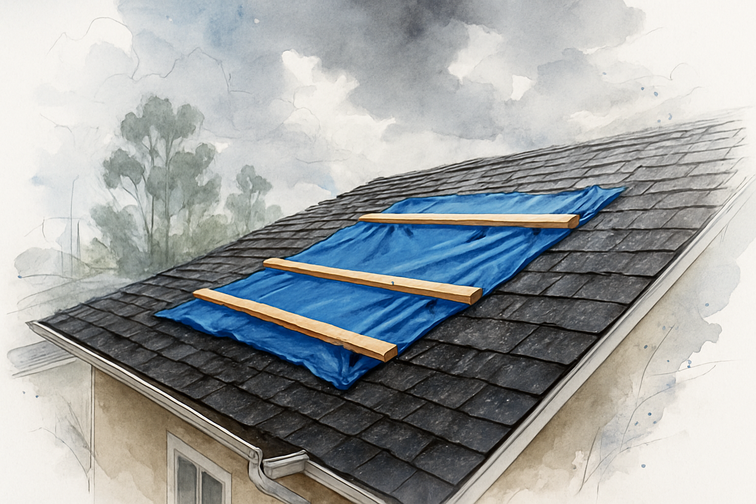 Blue emergency tarp battened over storm damaged roof shingles on a Central Coast home after heavy rain