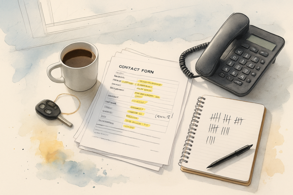 Printed website contact form submissions marked up with highlighter on a contractor's desk beside a desk phone