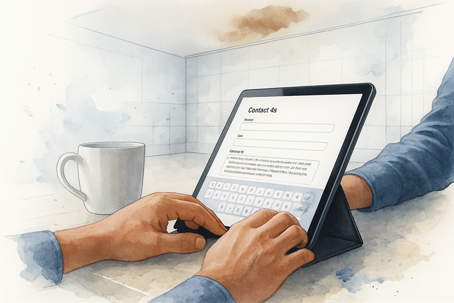 Homeowner typing a detailed message into a contractor's website contact form on a tablet in their kitchen