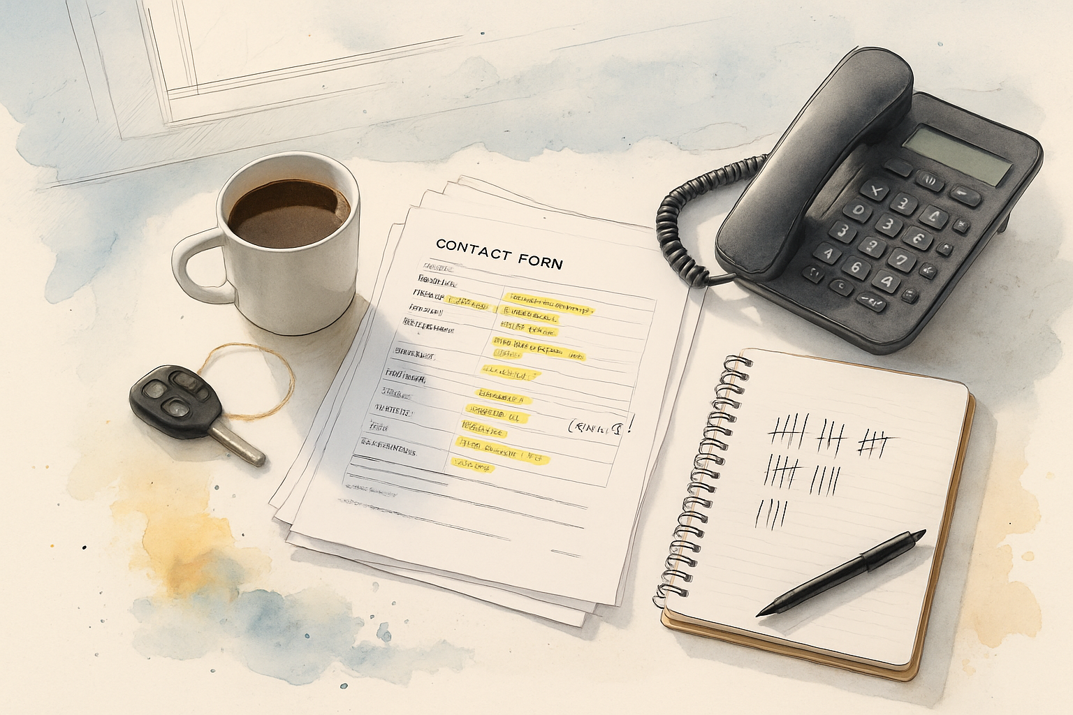 Printed website contact form submissions marked up with highlighter on a contractor's desk beside a desk phone