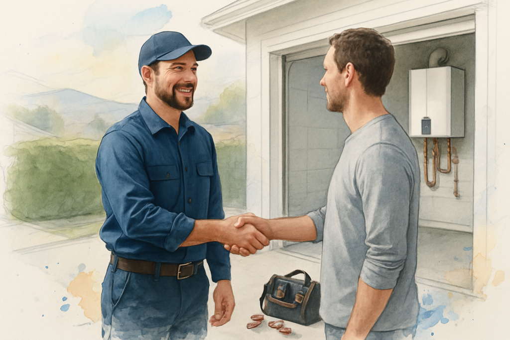 Plumber shaking hands with a homeowner in a driveway after a tankless water heater installation