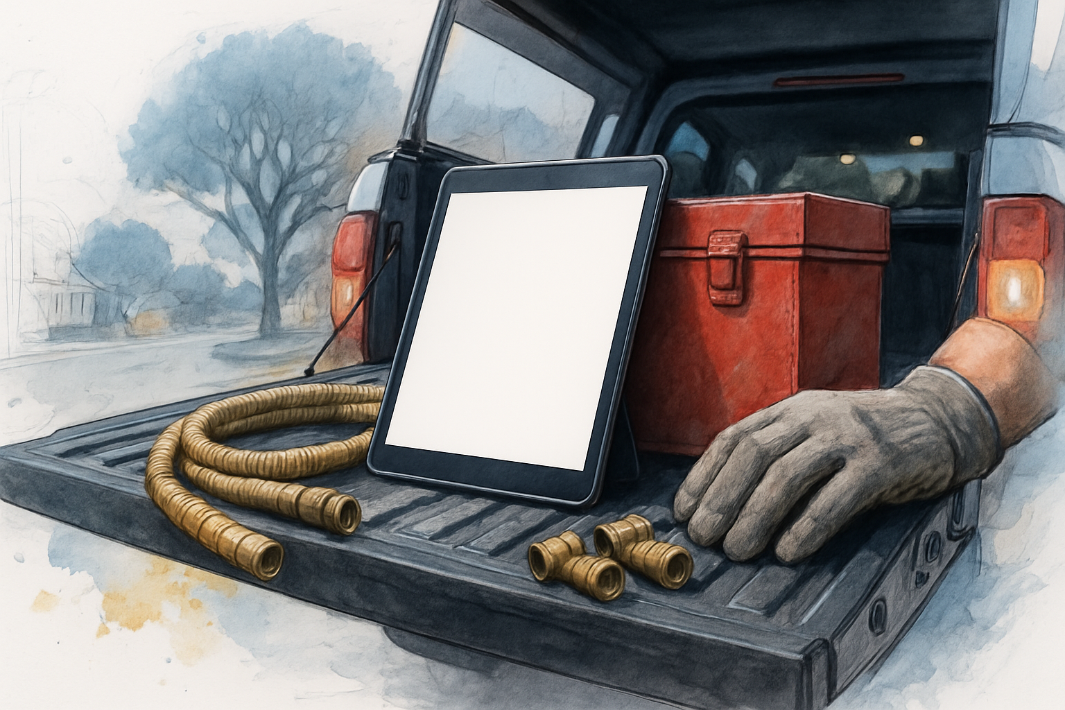 Contractor at a truck tailgate with a tablet propped against a toolbox at dusk