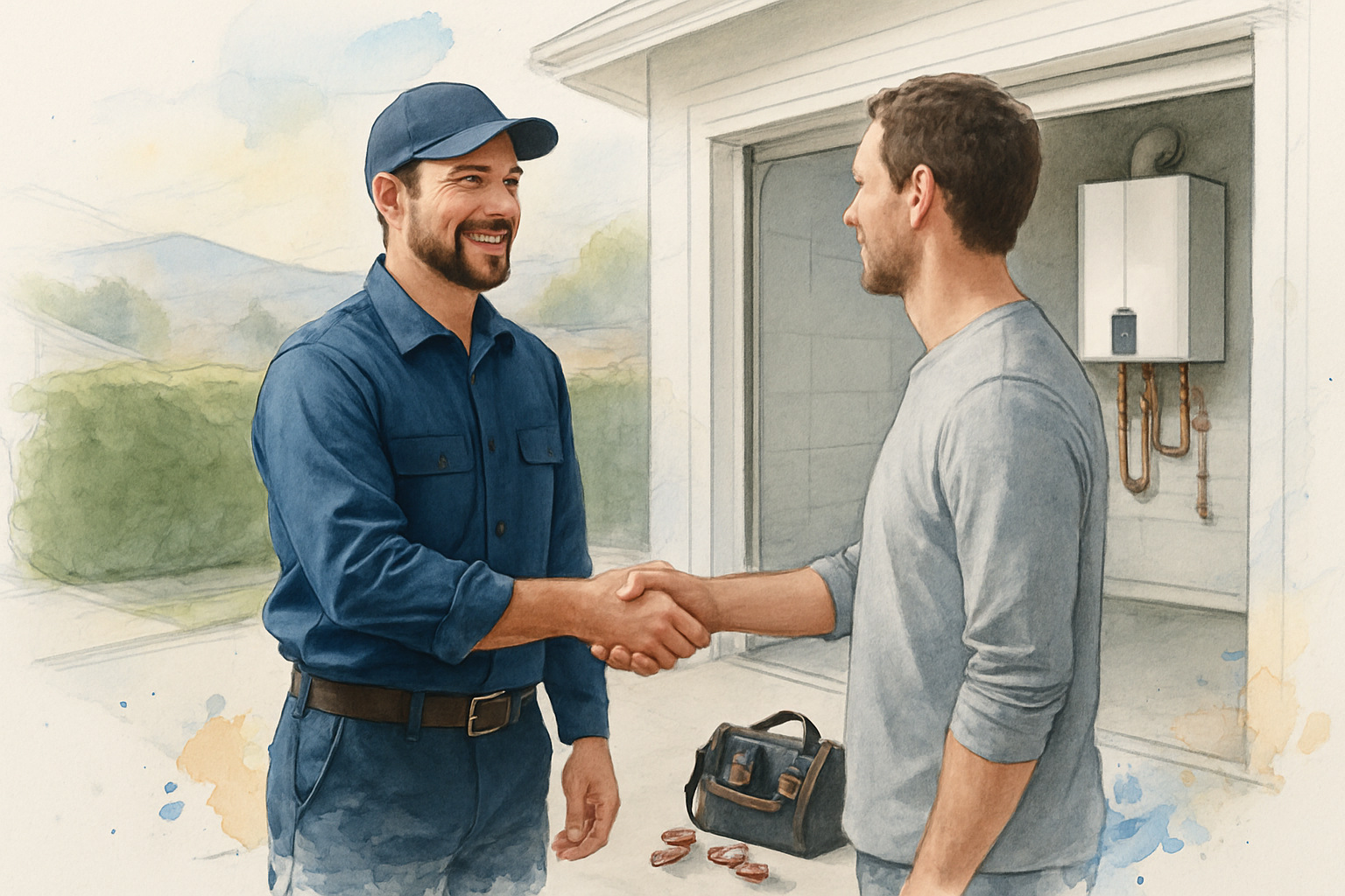 Plumber shaking hands with a homeowner in a driveway after a tankless water heater installation