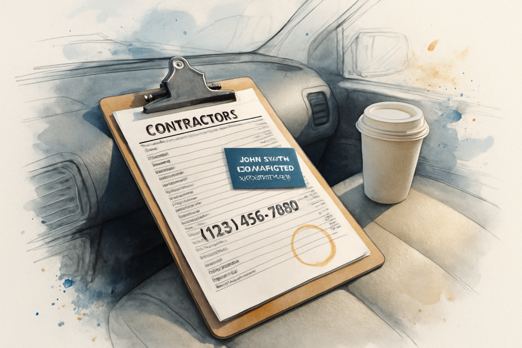 Contractor truck dashboard with paperwork showing mismatched business phone numbers on separate listing sheets
