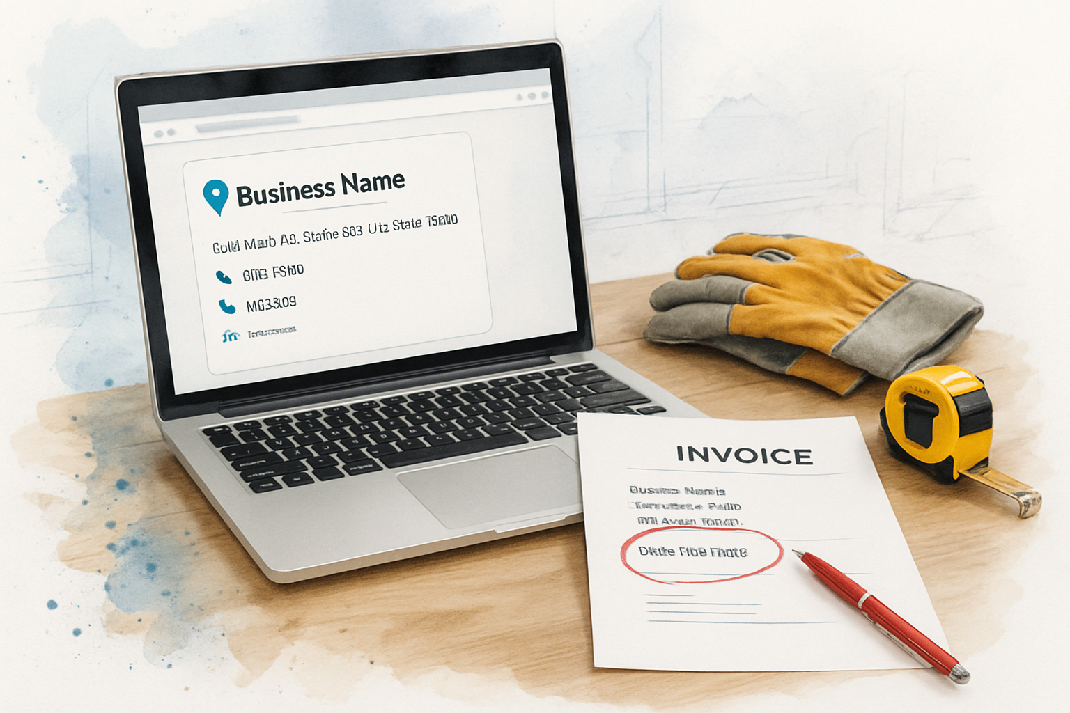Desk showing a business listing on screen and a printed invoice with mismatched contractor address and phone details