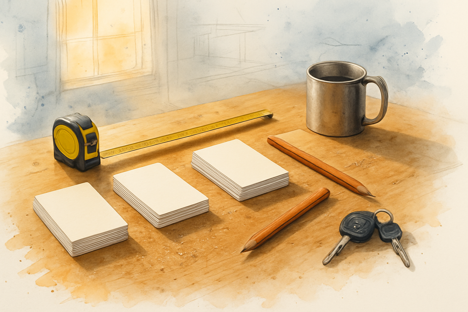 Three separate stacks of blank cards on a contractor's workbench with a tape measure and pencil