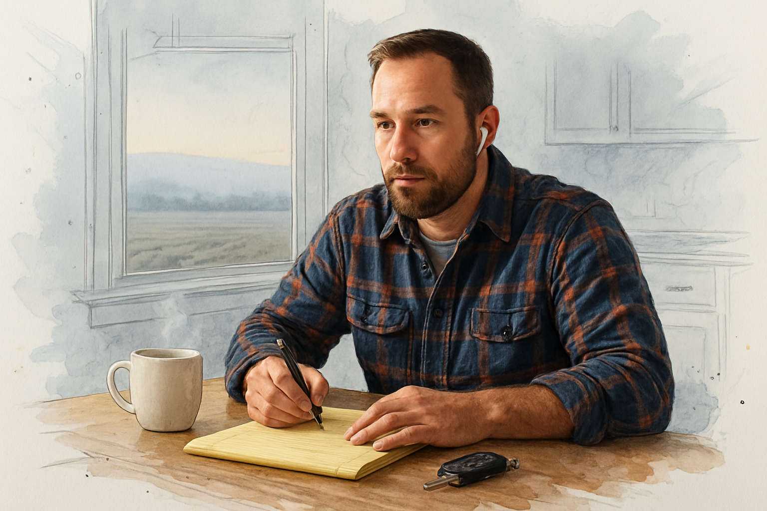Contractor at a kitchen table taking notes on a legal pad while listening to recorded calls at sunrise