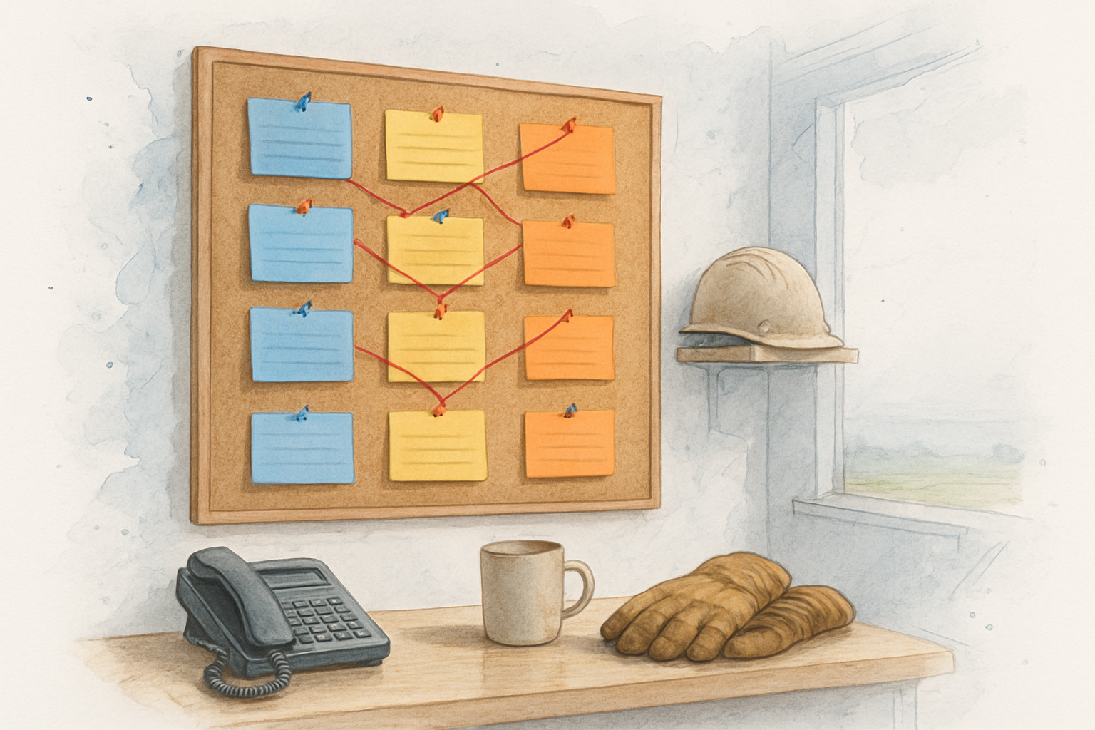 Corkboard with blank index cards in three columns above a contractor's desk phone and work gloves