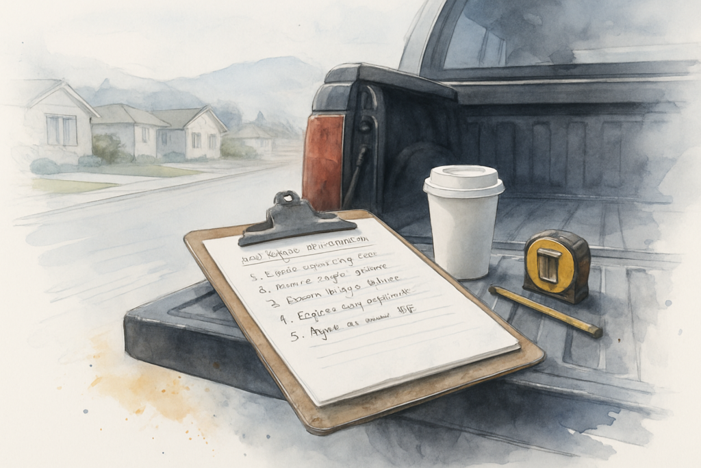 Contractor clipboard with handwritten customer questions on a work truck tailgate in a foggy coastal neighborhood