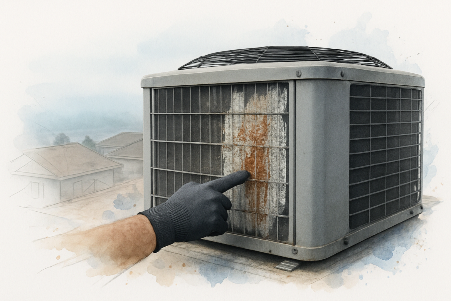 Gloved hand pointing at salt corrosion on a coastal home's outdoor AC condenser unit