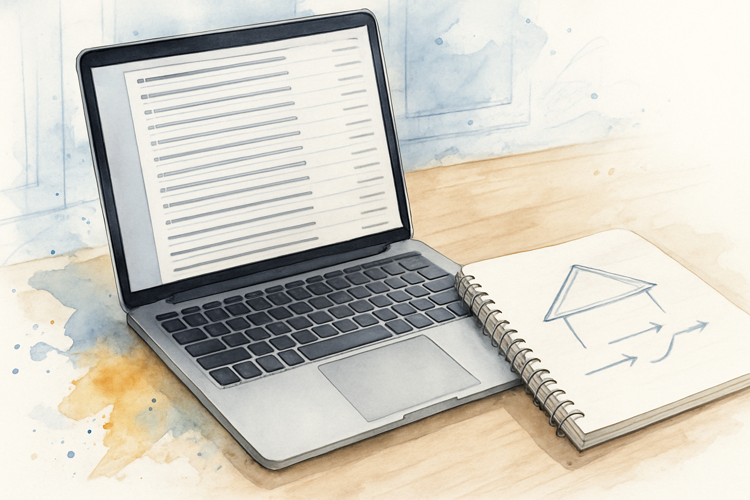 Long list of near-identical blog post titles on a screen next to a handwritten roof sketch in a notebook