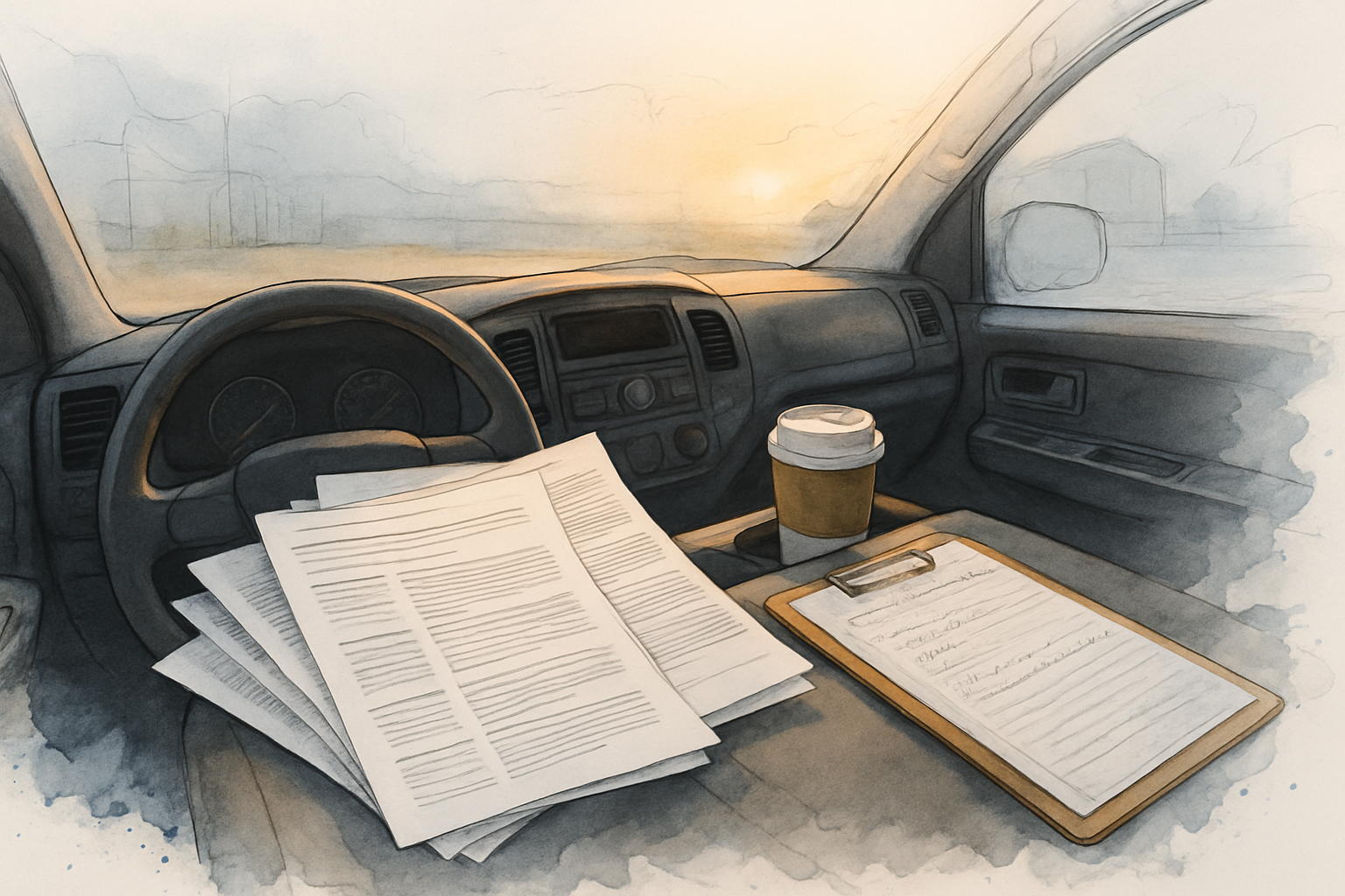 Stack of near-identical printed blog pages on a contractor truck seat beside handwritten job notes