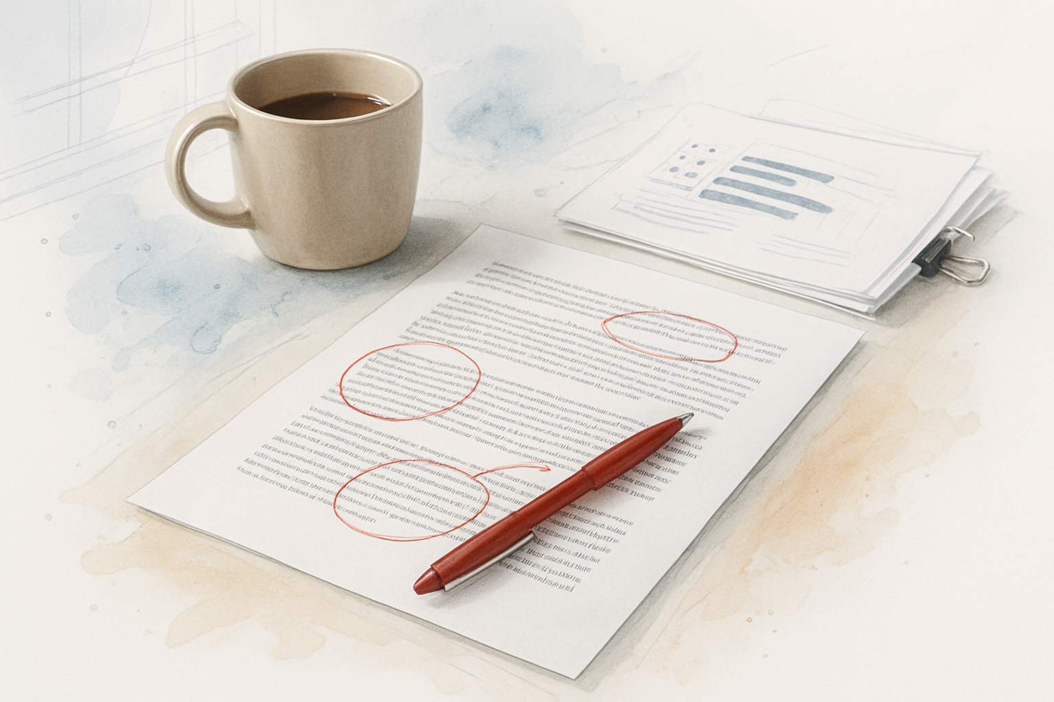 Marked-up printed blog draft on a desk beside stacked customer review printouts and a red pen