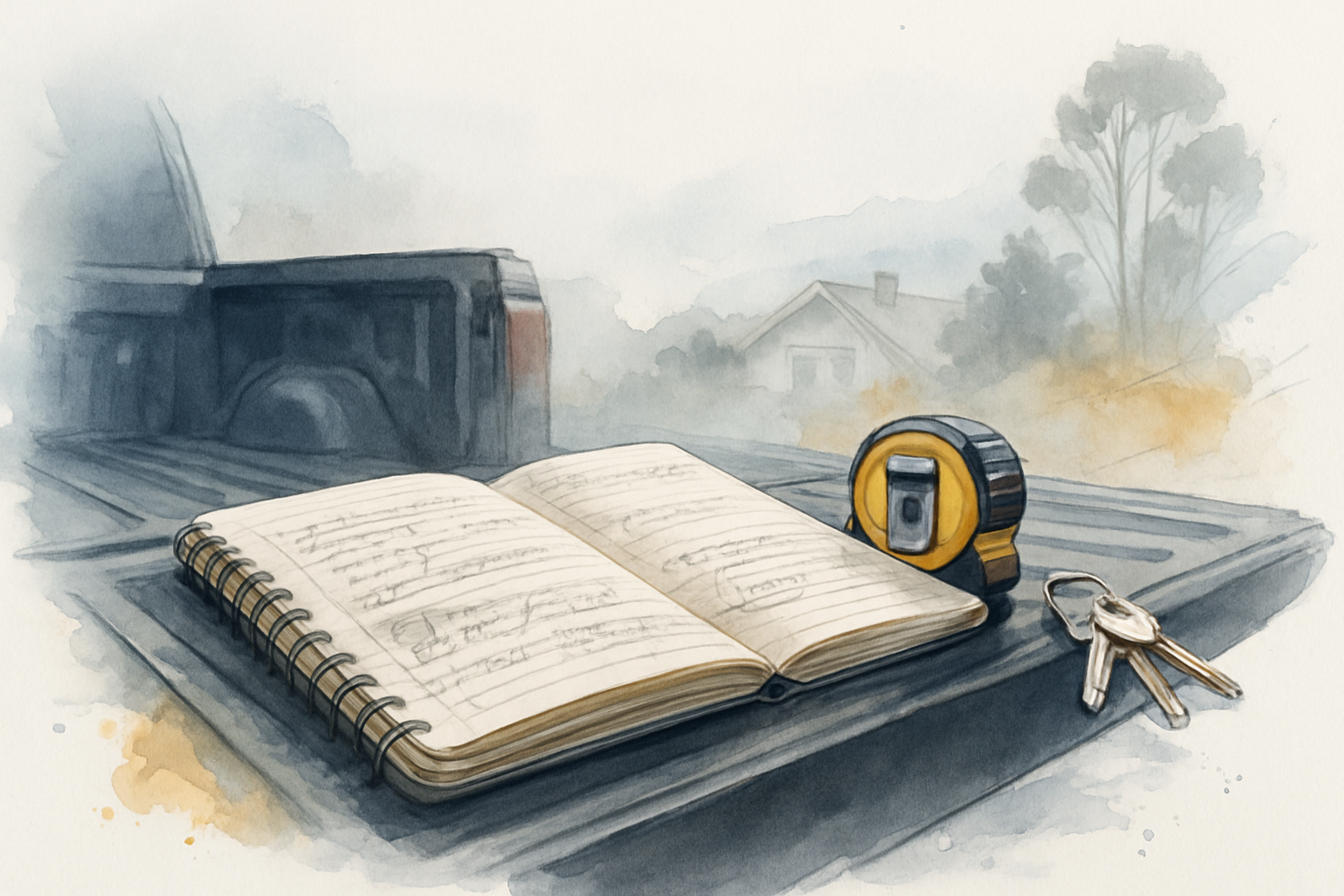 Contractor's handwritten job notebook open on a truck tailgate with fog and rooftops behind it