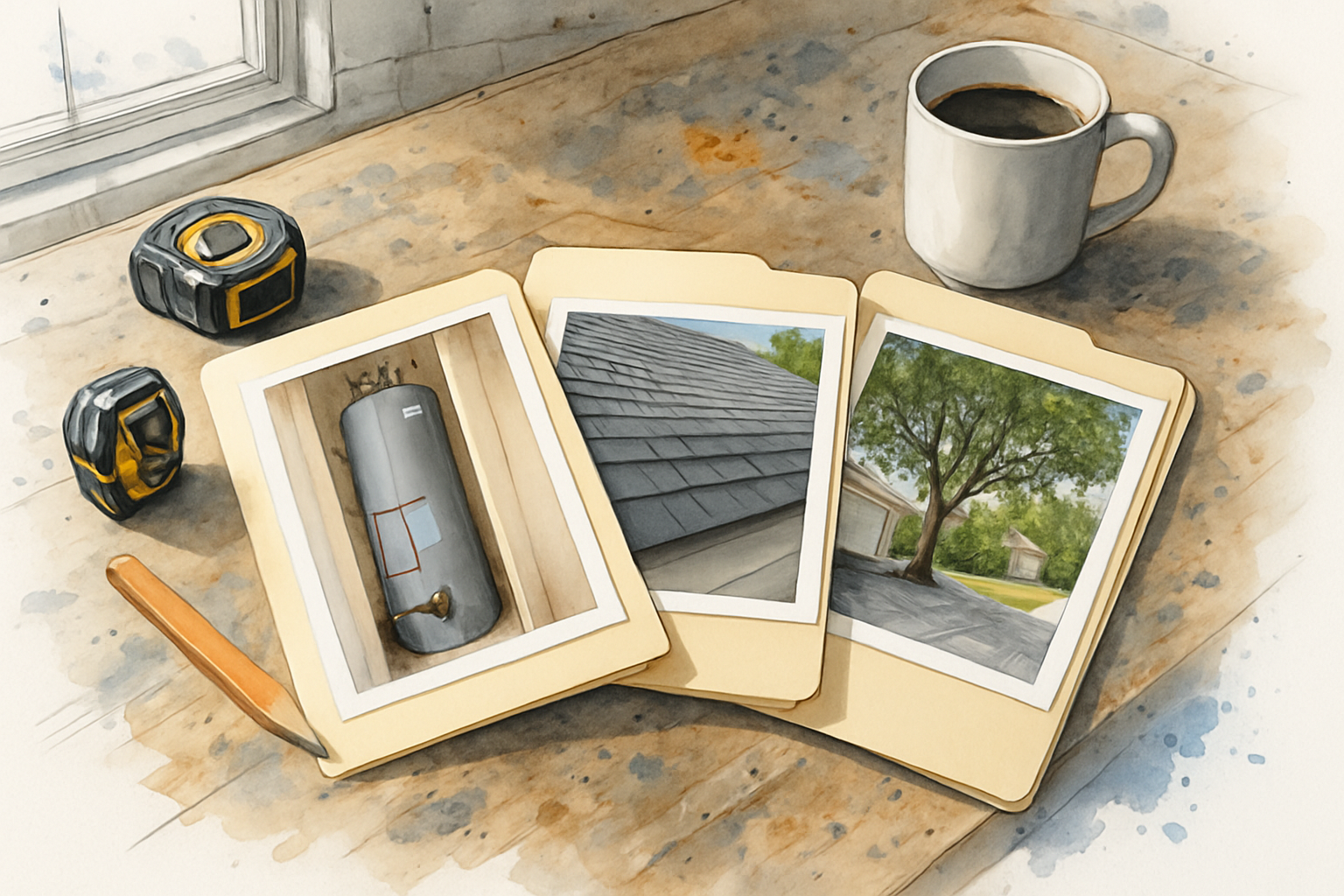 Job folders on a workbench holding printed photos of a water heater replacement, roof patch and tree trim