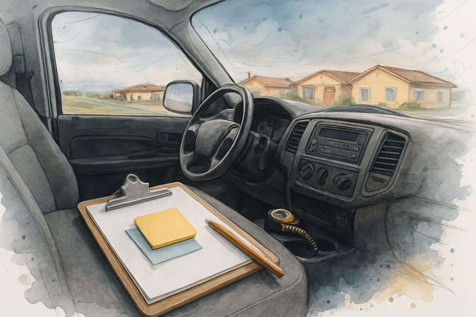 Clipboard with blank paper and two sticky notes on a contractor truck seat in a Salinas neighborhood at dusk