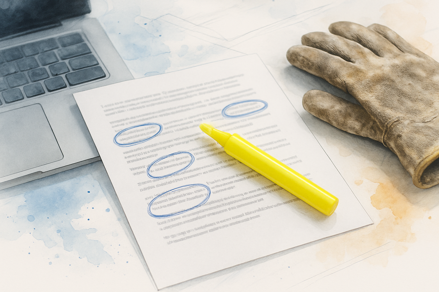 Marked-up printed call transcript beside a work glove, used to source contractor blog topics