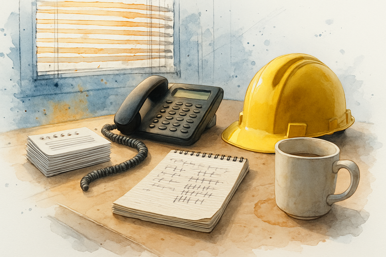 Contractor desk with stacked customer notes, a desk phone and hard hat in a small shop office