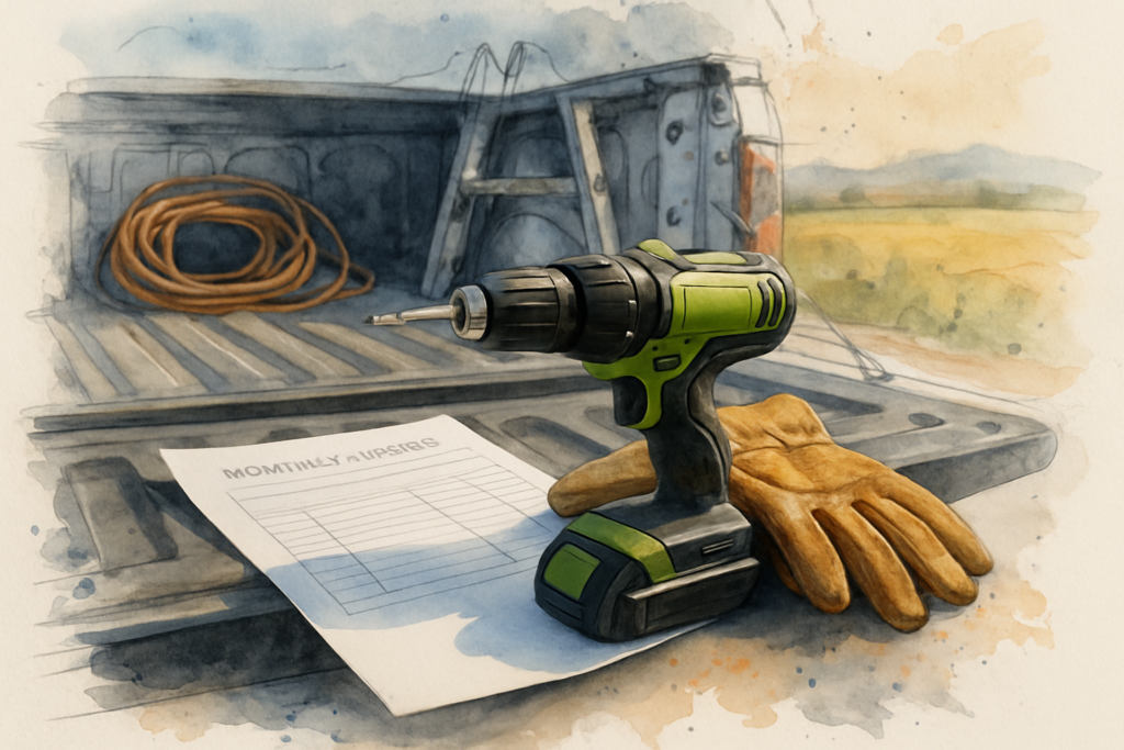 Advertising invoice on a contractor work truck tailgate next to a drill and work gloves