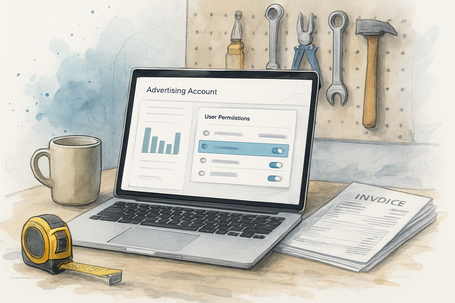 Laptop on a garage workbench showing an ad account user access panel beside contractor tools